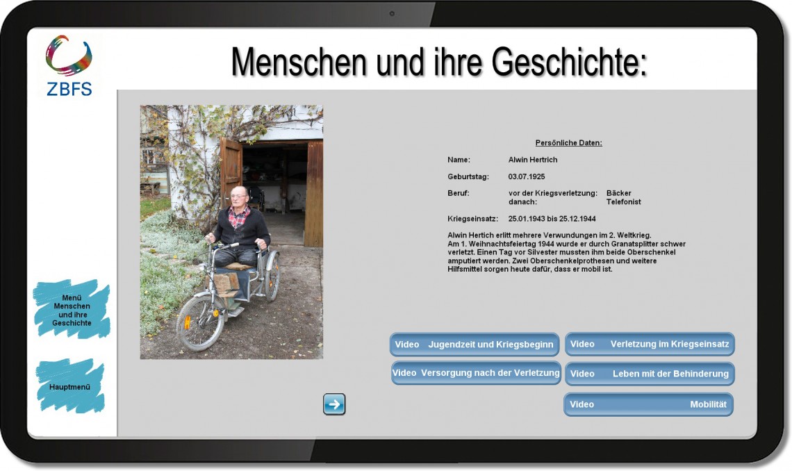 Detailansicht eines Monitors mit Startbildschirm der Video-Dokumentation einer persönlichen orthopädischen Versorgungsgeschichte