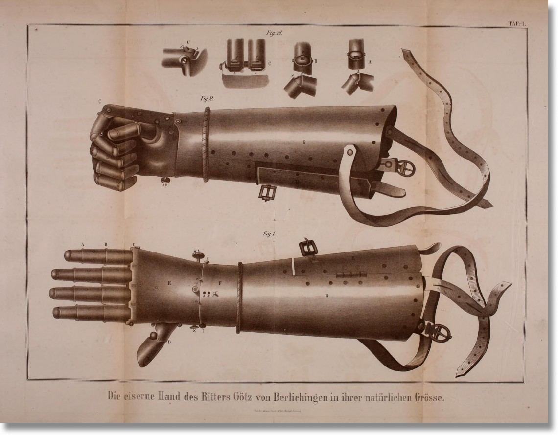 Historische Illustration der eisernen Hand des Ritters Götz von Berlichingen in verschiedenen Ansichten